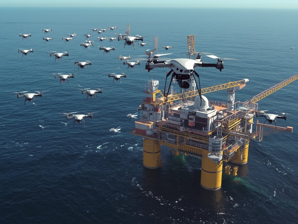 A futuristic concept image of a swarm of drones autonomously