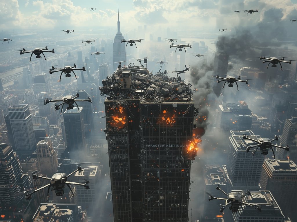 A futuristic concept image of a swarm of advanced drones