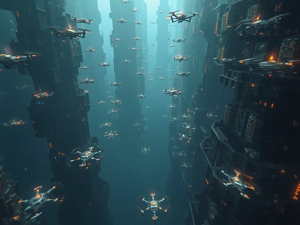 A futuristic concept image of a swarm of tiny underwater