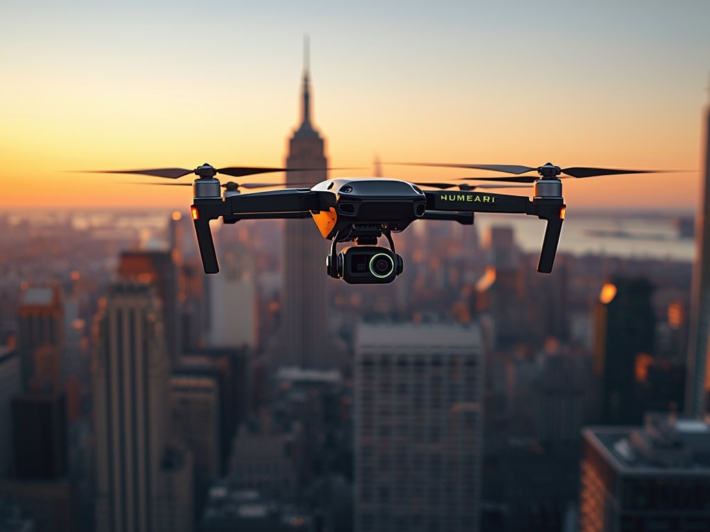 A futuristic drone taxi hovering above a bustling American city