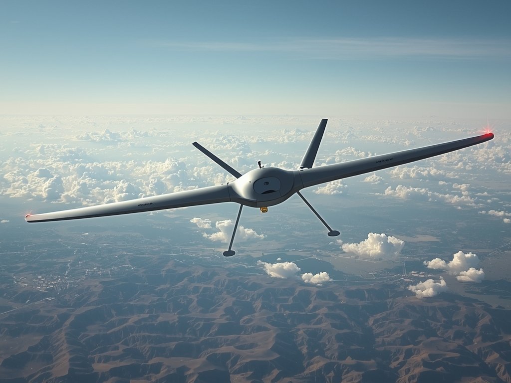 A futuristic drone with a sleek, silver design, hovering above