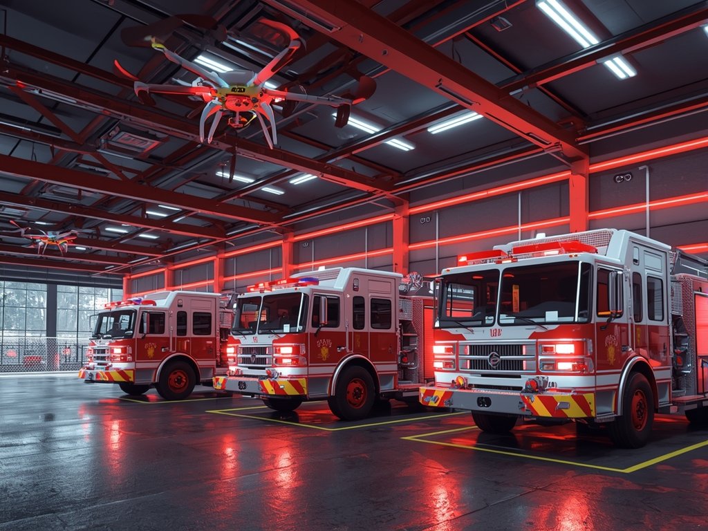 A futuristic fire station with thermal drones parked alongside fire
