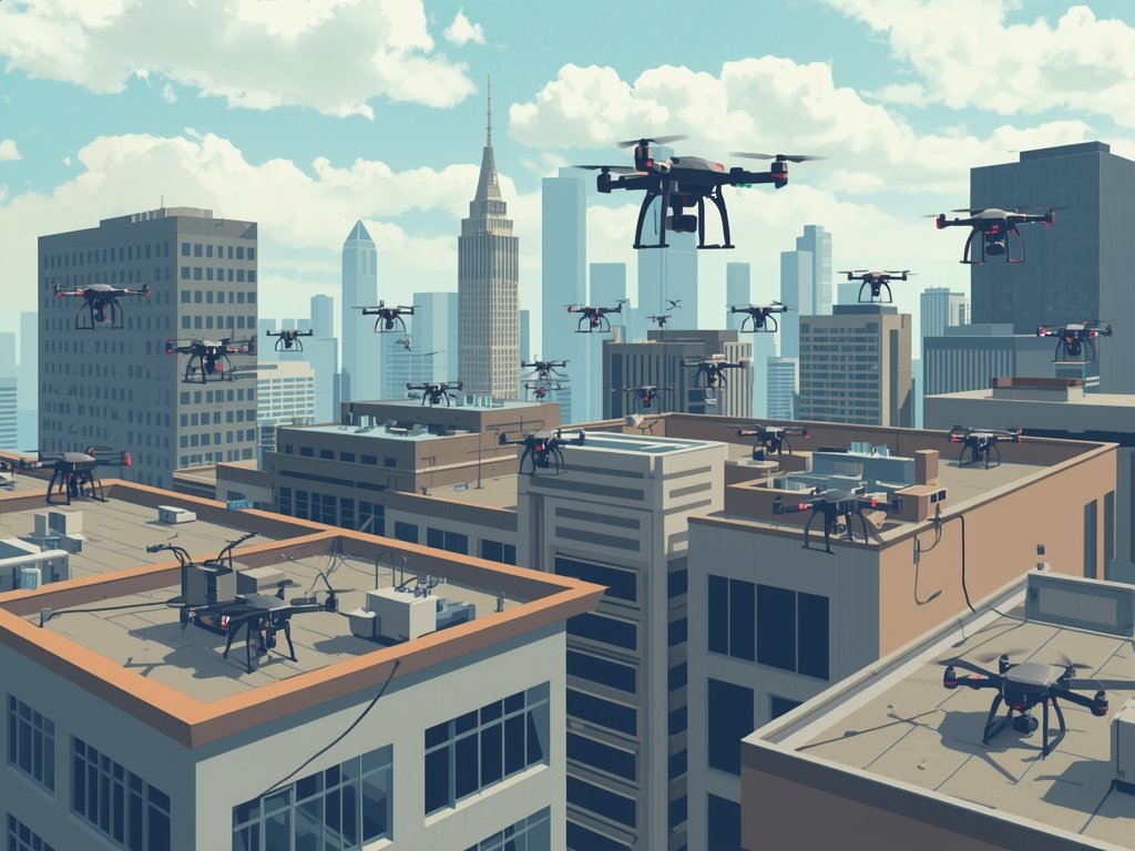 A futuristic illustration of a city skyline, with dozens of