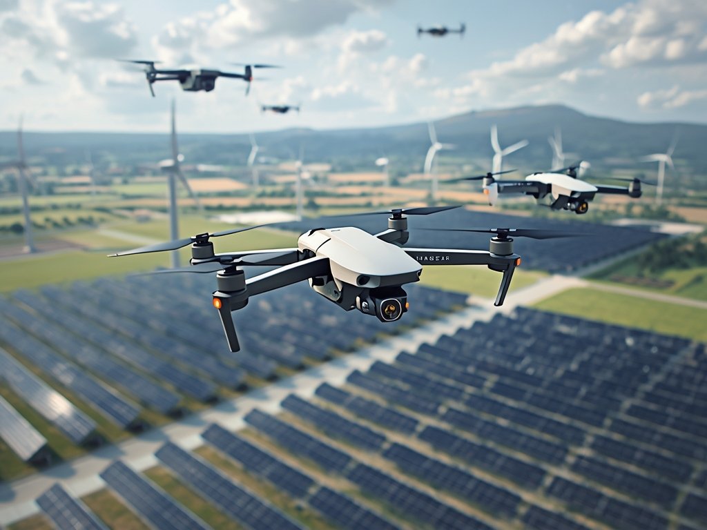 A futuristic illustration of a fleet of drones flying in