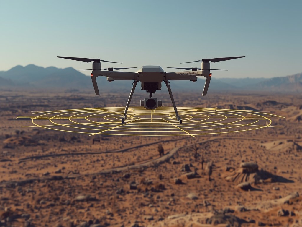 A futuristic image of a LiDAR drone scanning a vast,