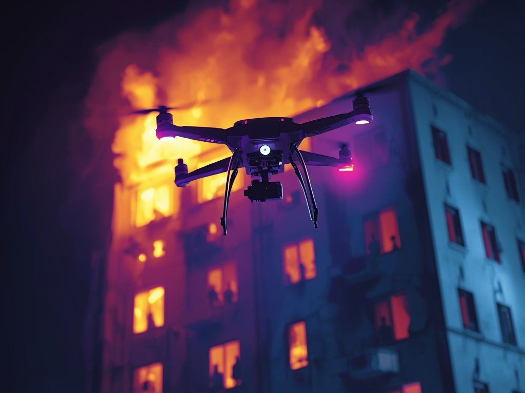 A futuristic thermal drone hovering above a burning building at