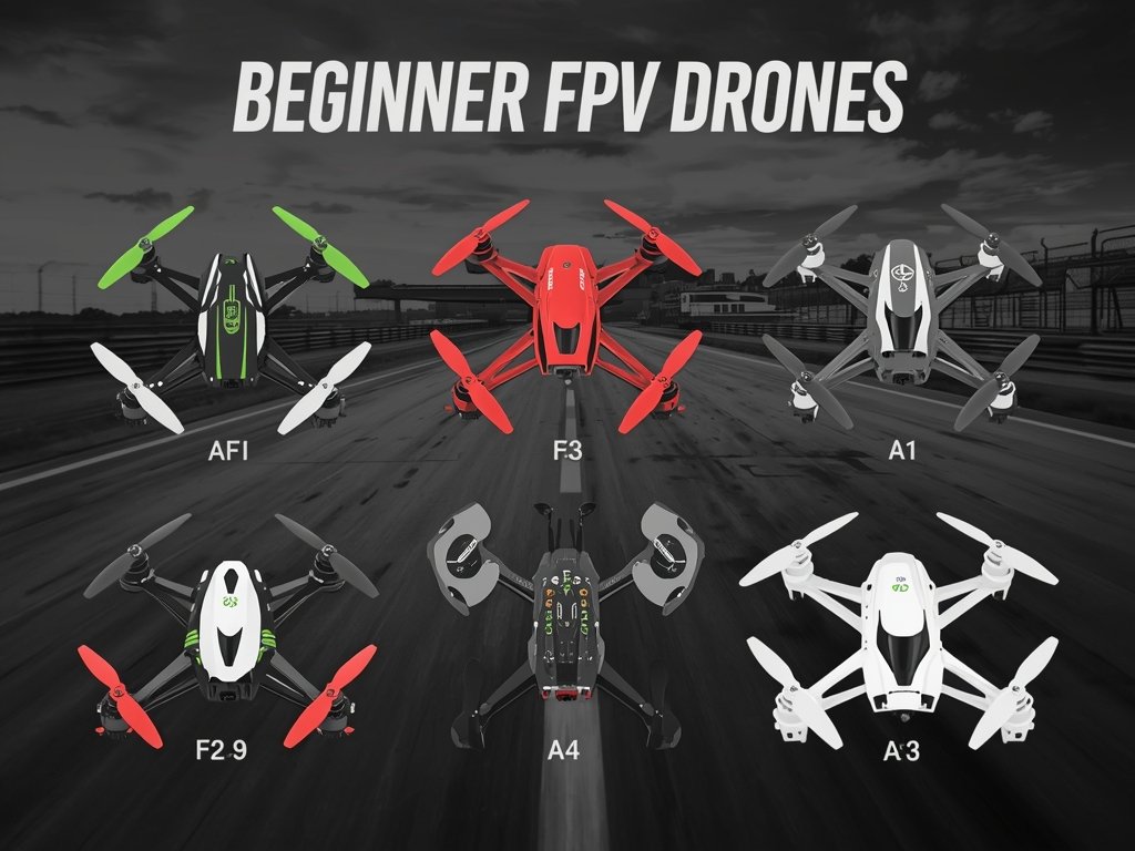 A grid showcasing five beginner FPV drones, each with a