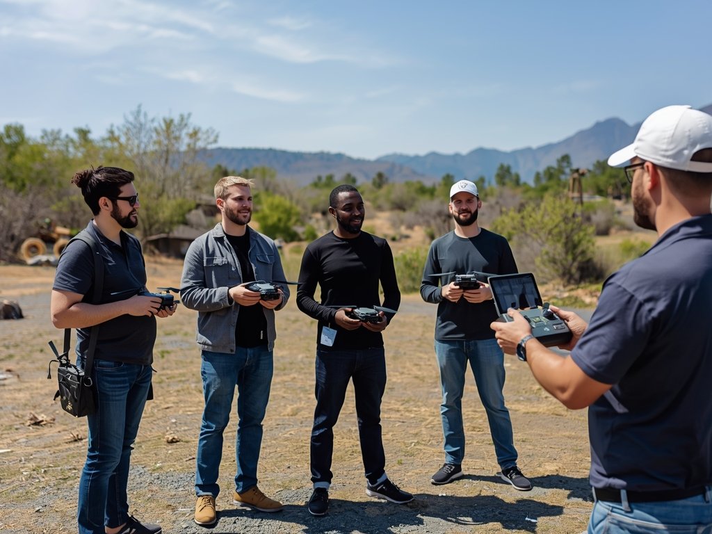 A group of diverse drone pilots attending a training session,