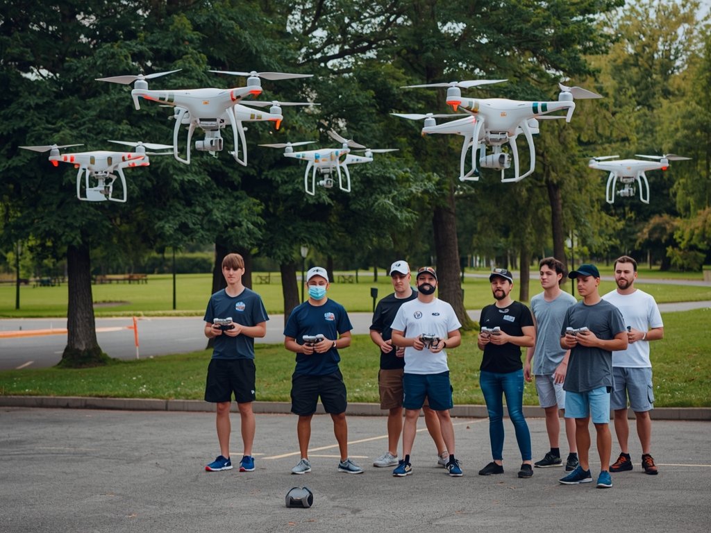A group of drone pilots gathered at a local park,