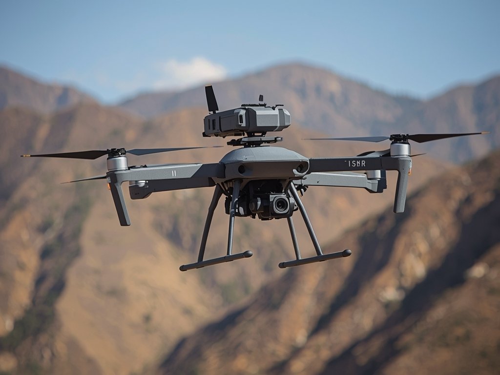 A high-altitude drone equipped with advanced surveillance equipment, capturing detailed