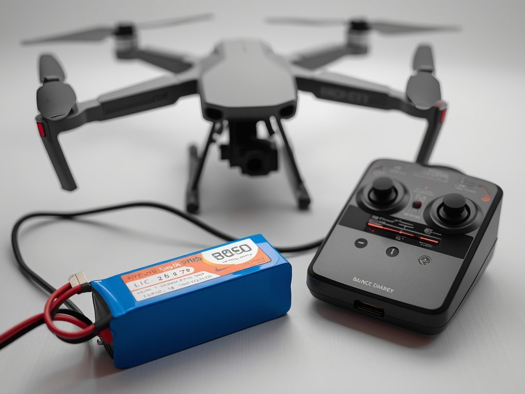 A high-capacity LiPo battery connected to a balance charger, with