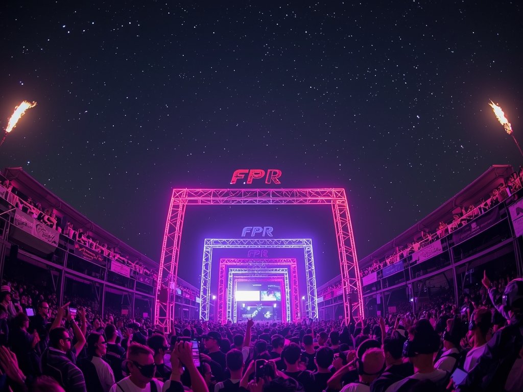 A high-energy, action-packed FPV drone racing event with neon-lit gates,