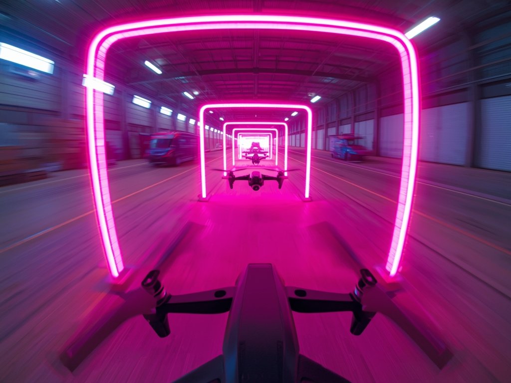 A high-octane FPV drone race in progress, with neon-lit gates