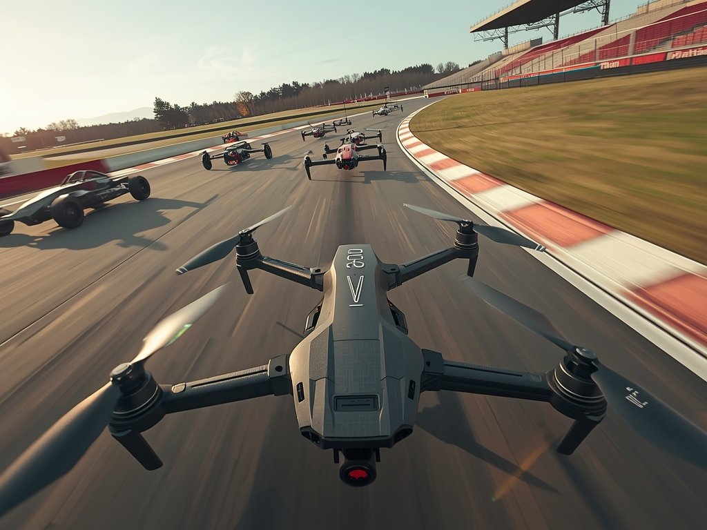 A high-octane FPV drone racing scene, with multiple drones zooming