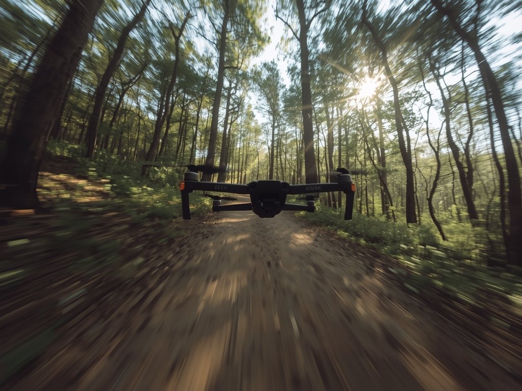 A high-speed FPV drone racing through a forest trail with