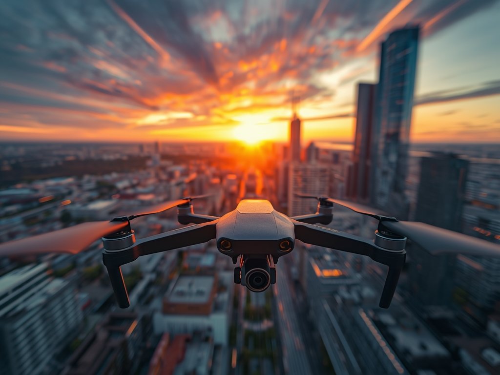 A high-speed FPV drone racing through a vibrant urban skyline