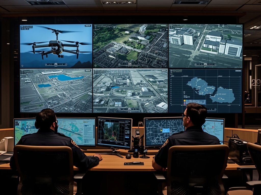 A high-tech command center with multiple screens displaying live drone