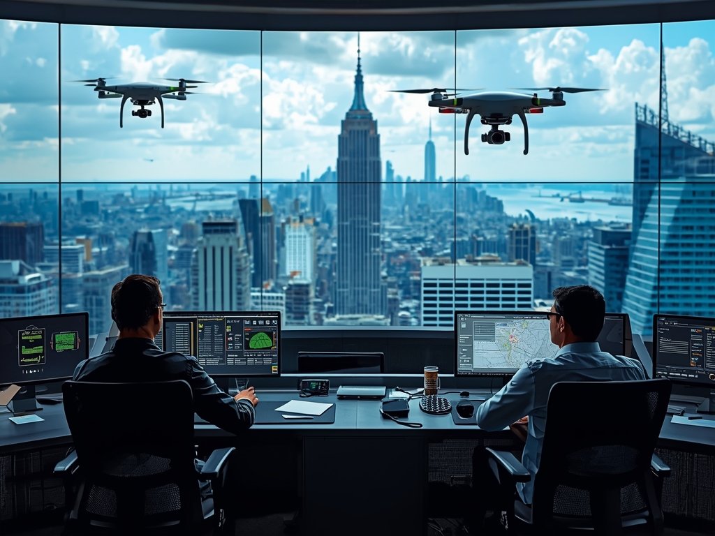 A high-tech control room with operators monitoring drone activity over