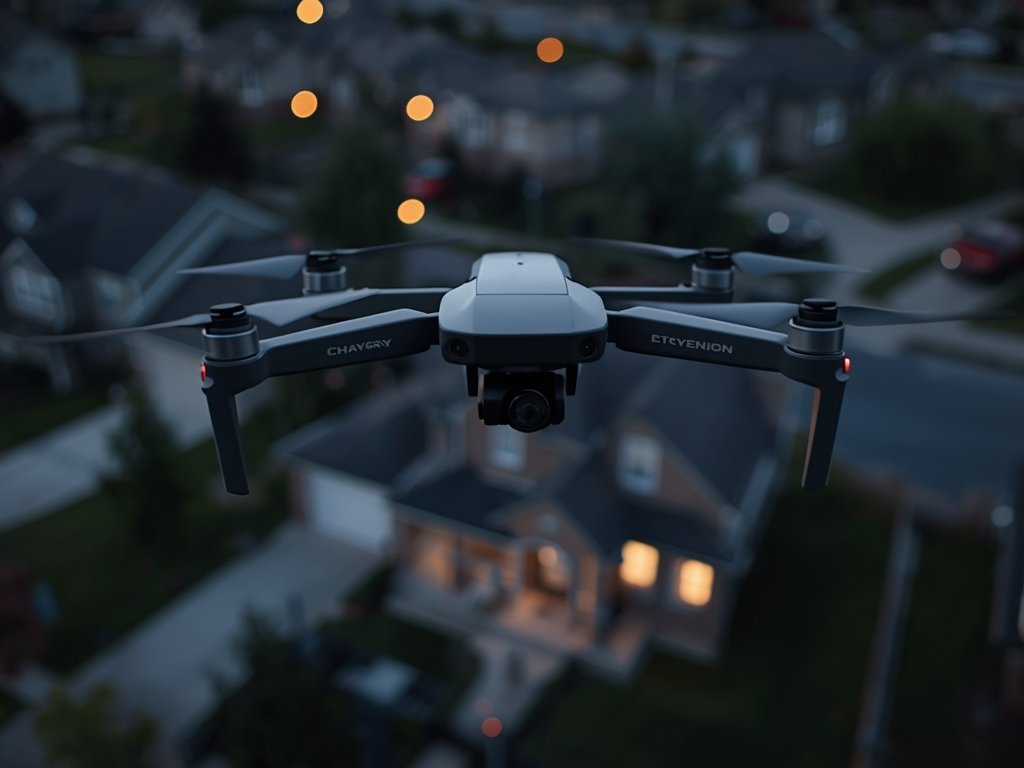 A high-tech drone hovering above a suburban neighborhood at dusk,
