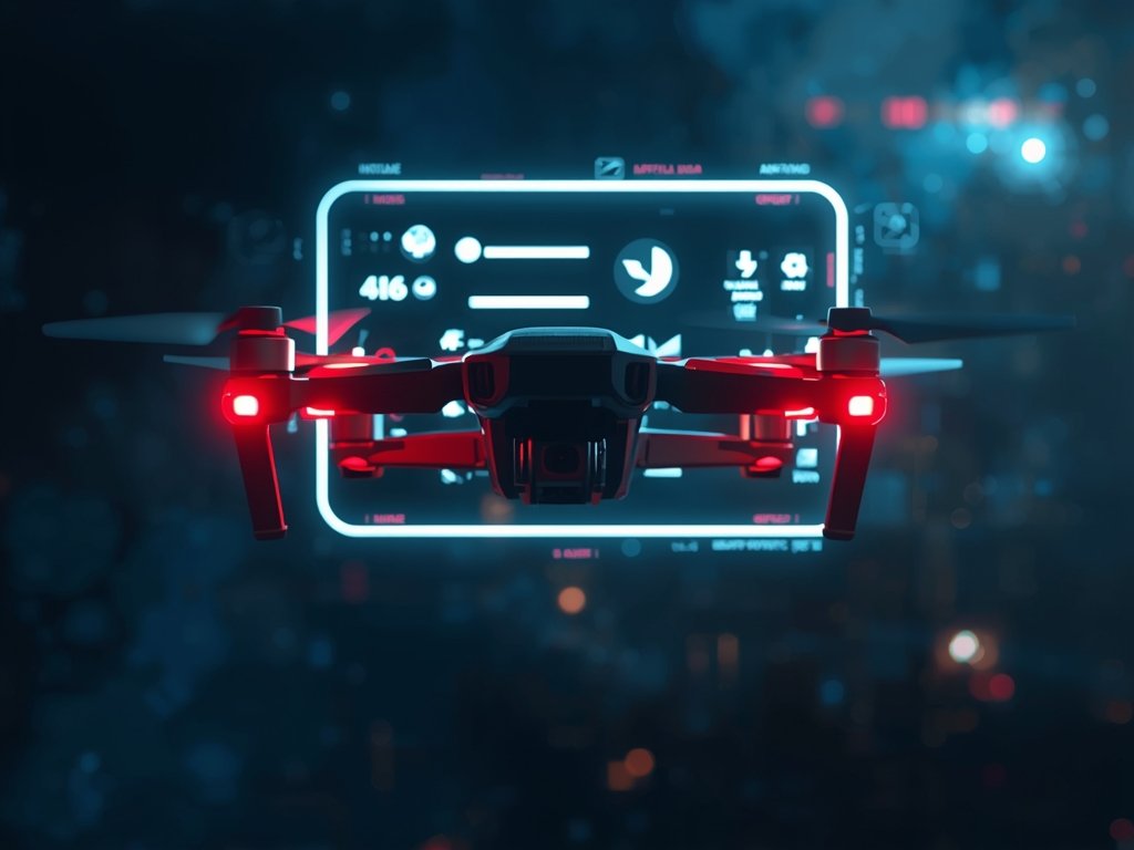 A high-tech FPV drone hovering mid-air, its LED lights glowing,
