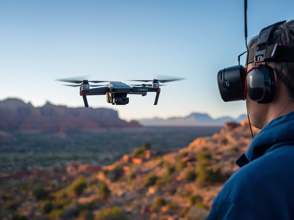 A high-tech FPV drone hovering over a scenic American landscape,