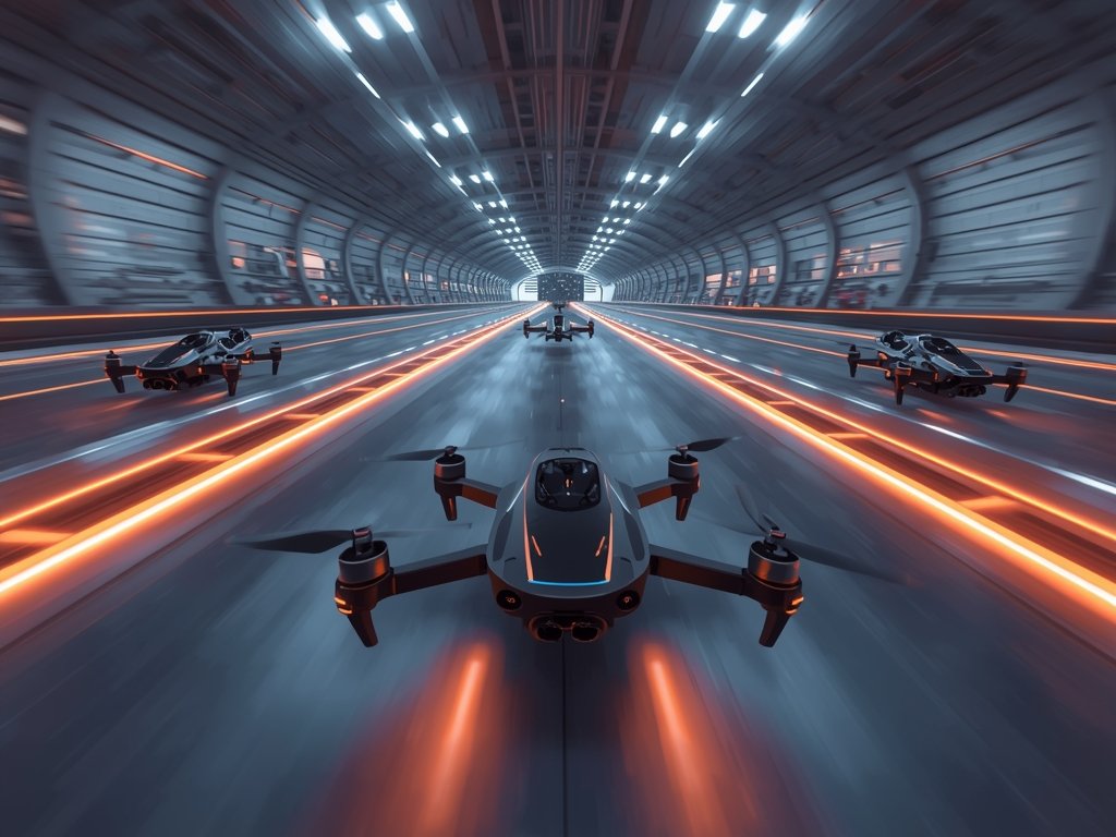 A high-tech, futuristic FPV drone racing arena with glowing tracks