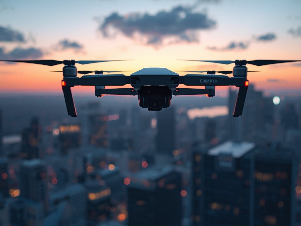 A high-tech security drone hovering above a modern office building