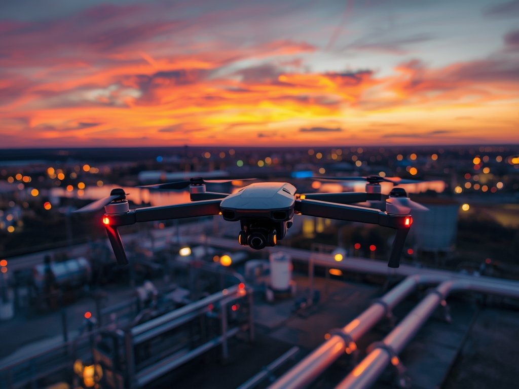 A high-tech thermal camera drone hovering over a sprawling industrial