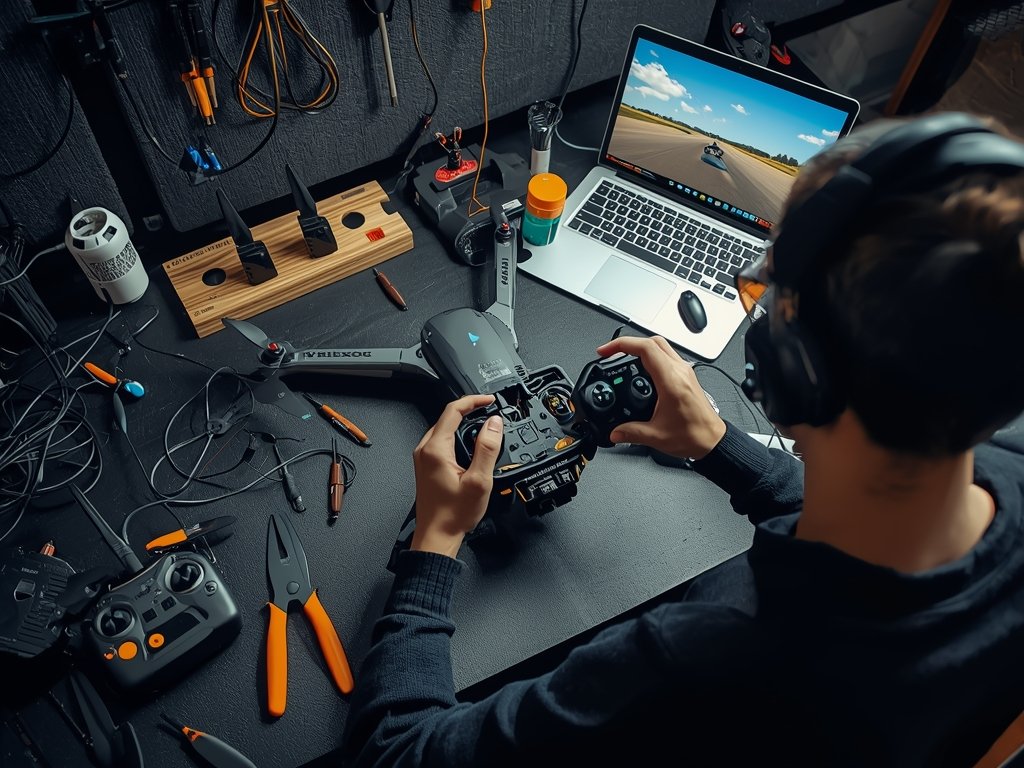 A high-tech workshop with a drone enthusiast assembling an FPV
