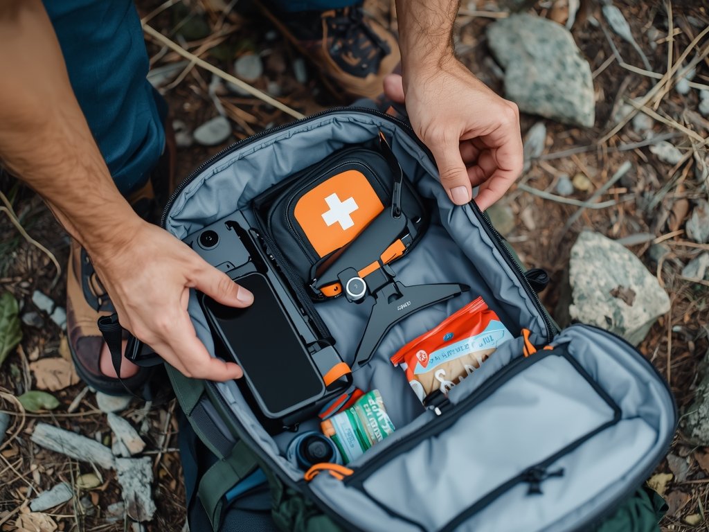 A hiker carefully placing a compact drone into a padded