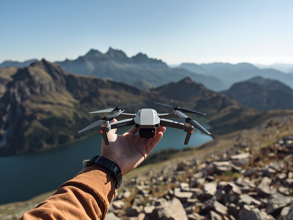 A hiker standing on a mountain peak, holding a compact