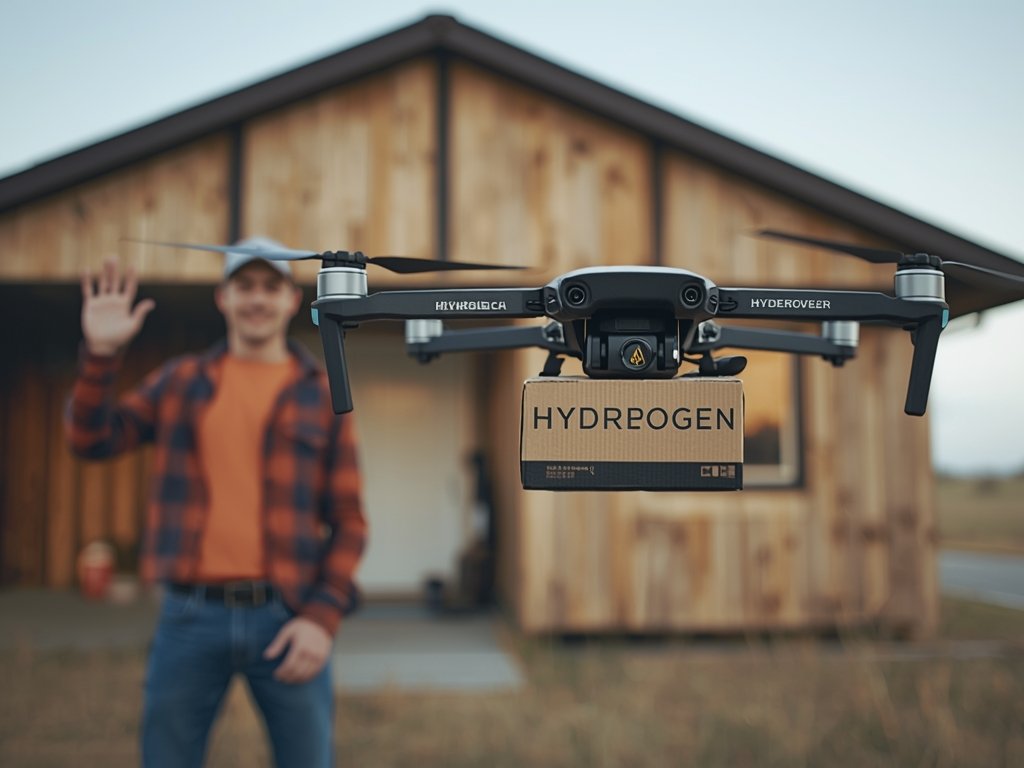 A hydrogen-powered drone delivering a package to a rural American