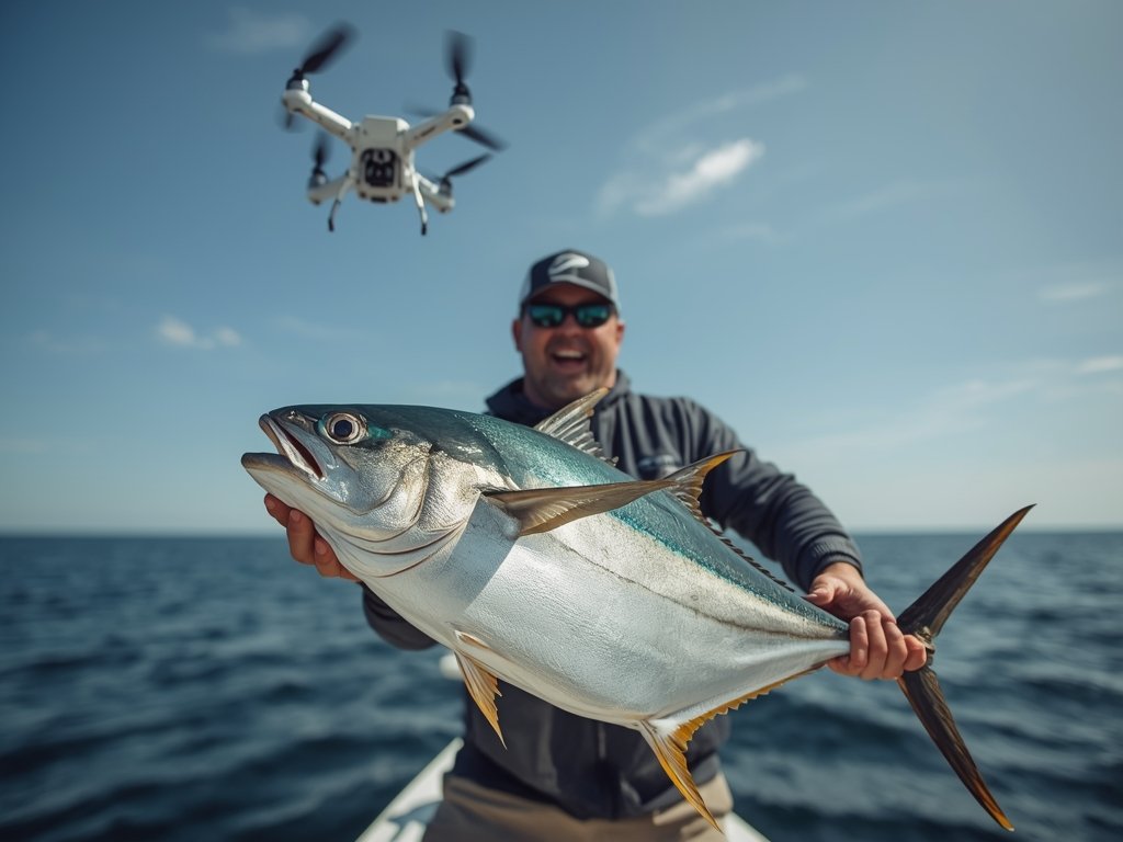 A jubilant fisherman holding a 20lb tuna caught using a