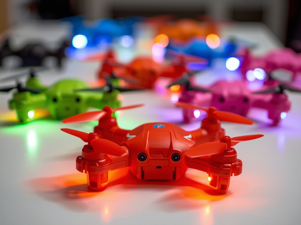A lineup of colorful, kid-friendly drones on a table, each