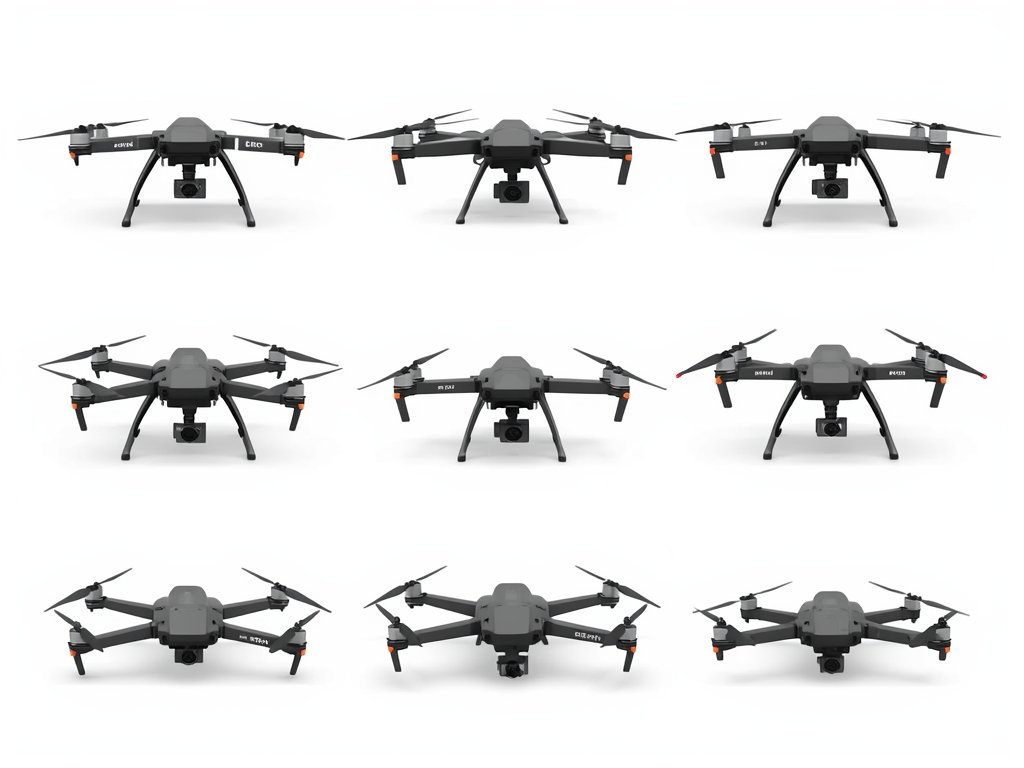 A lineup of the latest stealth drone models, each showcased