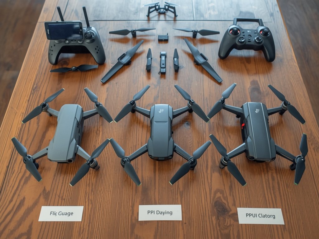 A lineup of three beginner-friendly FPV drones on a wooden