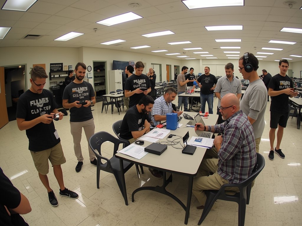 A local FPV drone meetup in a community center, with