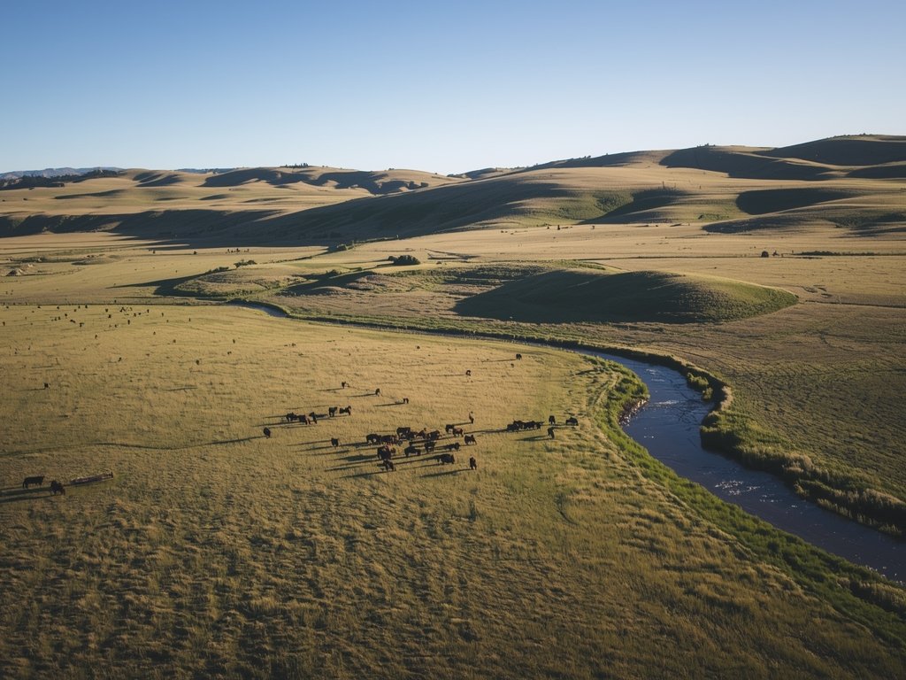 A majestic aerial view of a sprawling ranch in Montana,