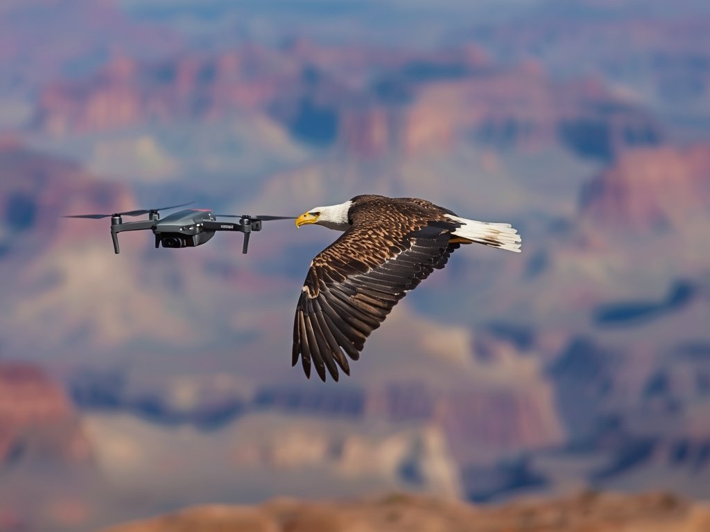 A majestic bald eagle soaring over the Grand Canyon, captured