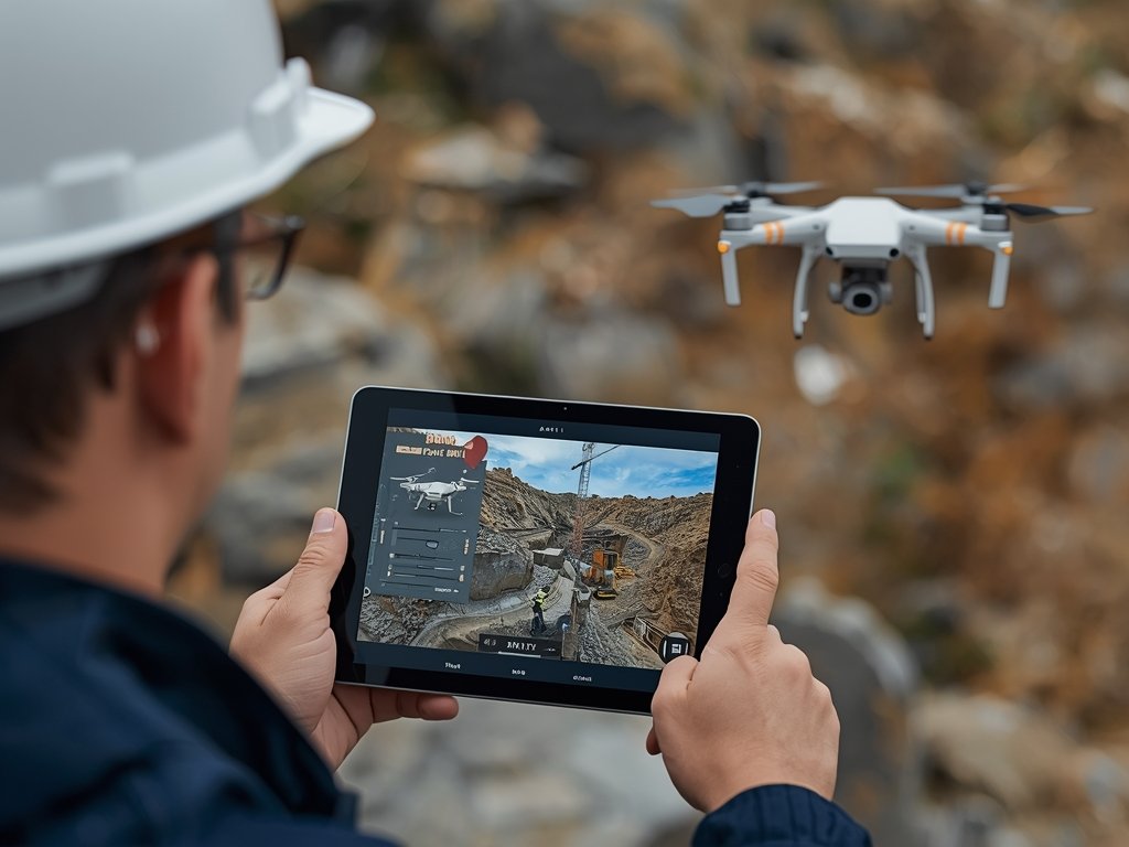 A mining site manager using a tablet to review drone