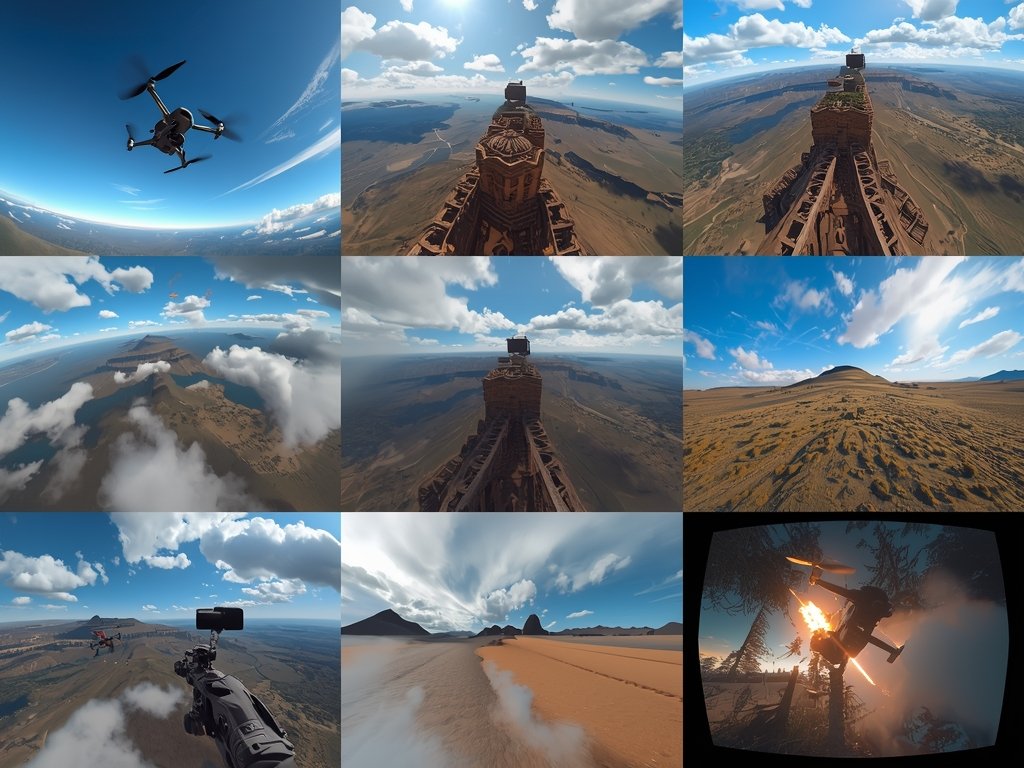 A montage of diverse FPV drone simulator scenarios, including freestyle
