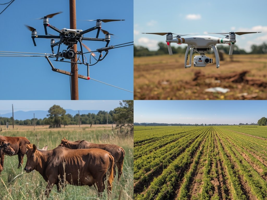 A montage of images showcasing diverse BVLOS drone applications: inspecting