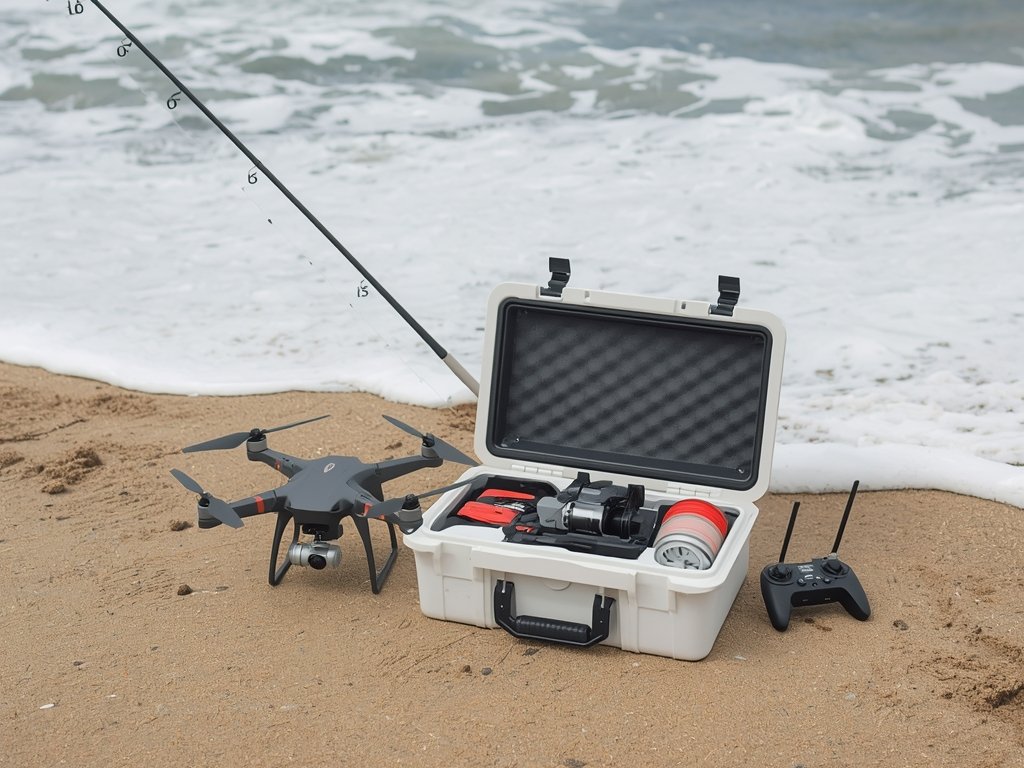 A neatly organized drone fishing setup on a beach, featuring