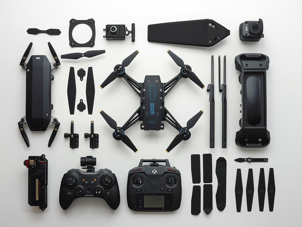 A neatly organized workspace with a variety of drone parts