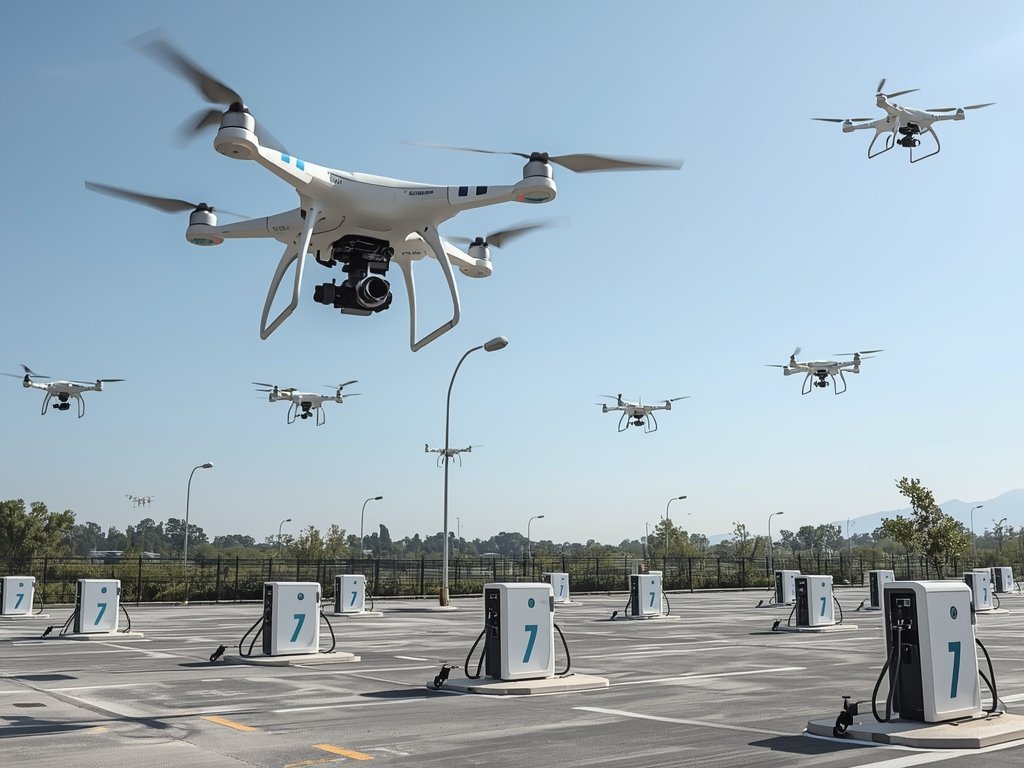 A network of hydrogen refueling stations, with drones flying overhead,