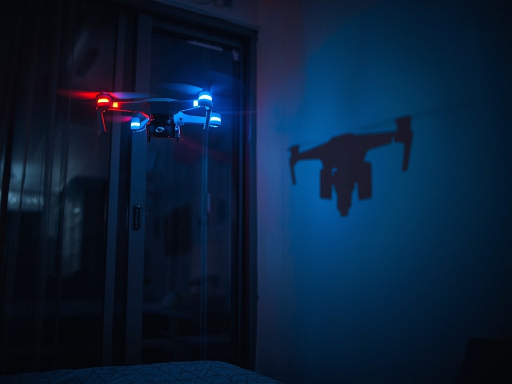A nighttime scene showing a drone with glowing LED lights