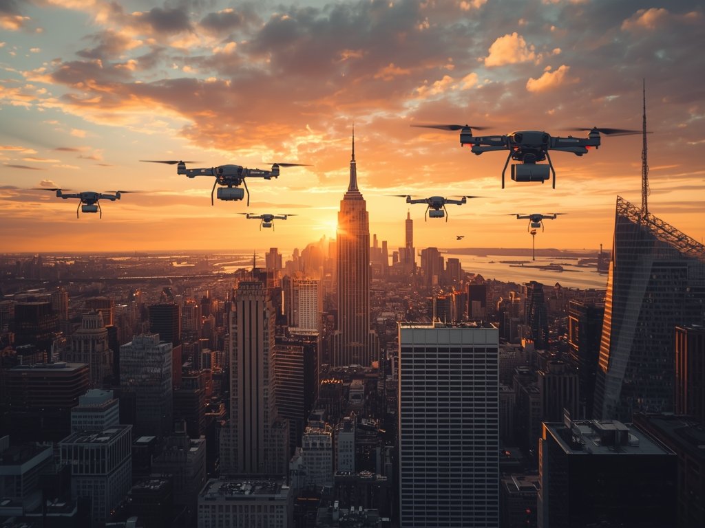 A panoramic view of a bustling American city skyline at