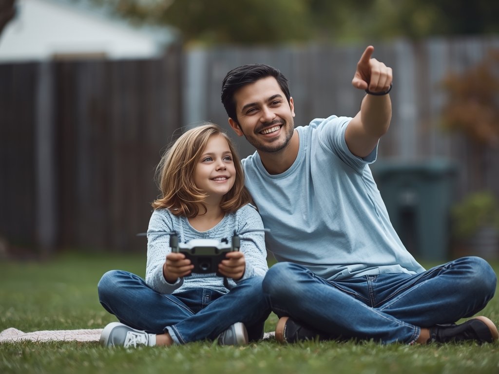 A parent and child sitting together in a backyard, with