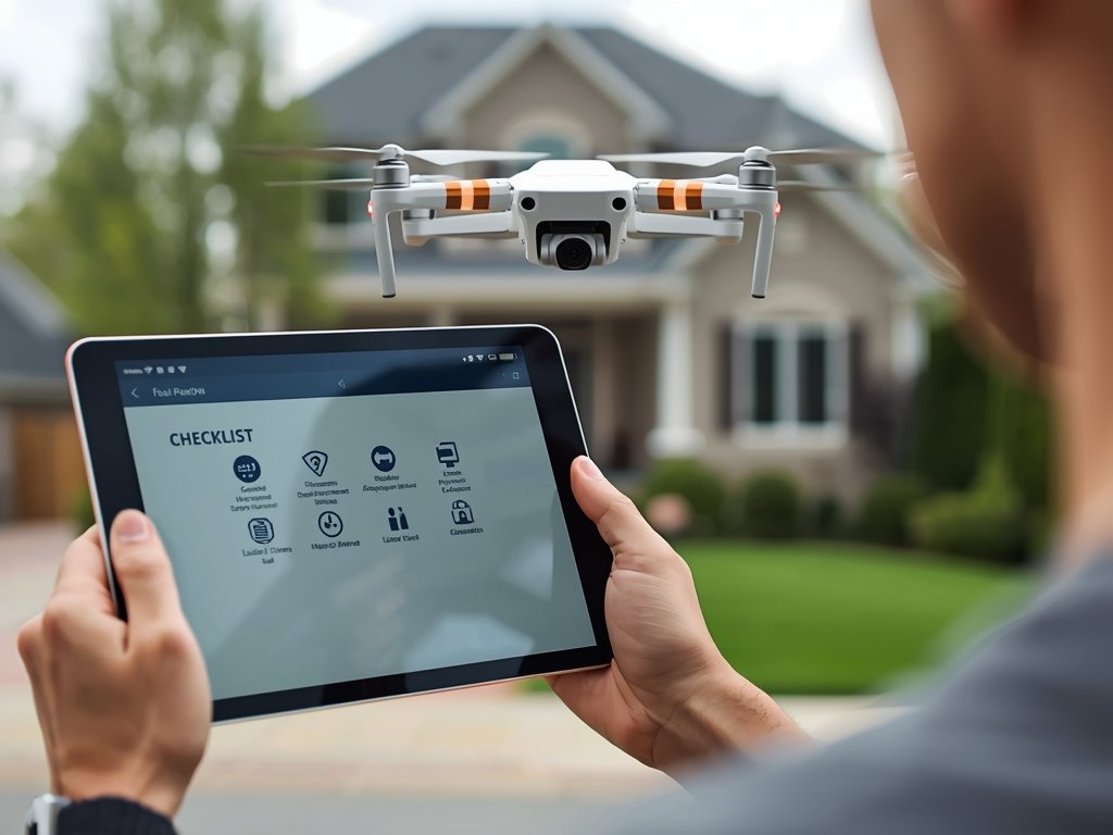 A person holding a drone, looking at a tablet displaying