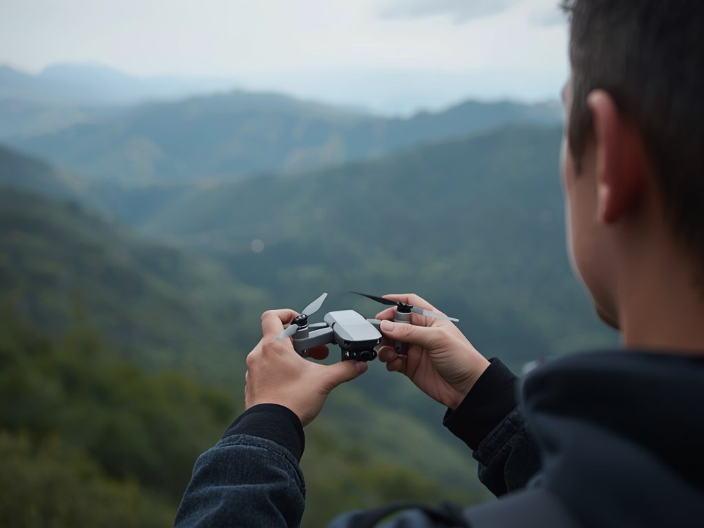 A person holding a foldable drone, looking out at the